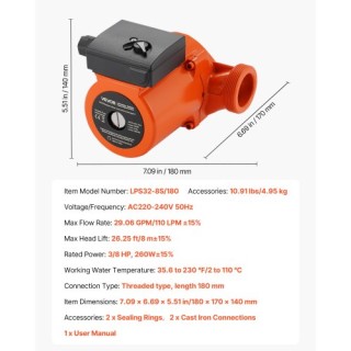 VEVOR Αντλία Κυκλοφορίας από Χυτοσίδηρο LPS32-8S/180, 3/8 HP, 220-2... VEVOR Αντλία Κυκλοφορίας από Χυτοσίδηρο LPS32-8S/180, 3/8 HP, 220-2...