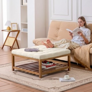 VEVOR Λευκό Σκαμπό-Τραπεζάκι από Λινό με Ξύλινο Ράφι BYJDFXKSJKFS3W...