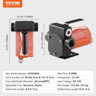 VEVOR Αντλία Μεταφοράς Καυσίμου 12V 5 GPM 1/7 HP με Αυτόματο Ακροφ... VEVOR Αντλία Μεταφοράς Καυσίμου 12V 5 GPM 1/7 HP με Αυτόματο Ακροφ...