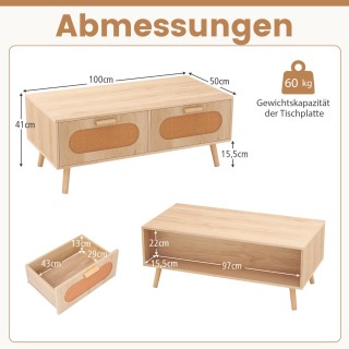 Costway  Τραπεζάκι σαλονιού από ρατάν με 2 συρτάρια, Φυσικό, 120 εκ...