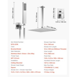 VEVOR Σετ Ντους 12 Τετράγωνη Κεφαλή Βροχής με Χειροκίνητο Σετ Βούρτ...