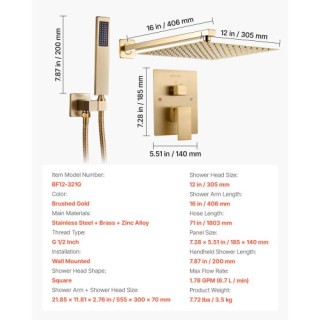 VEVOR Σετ Ντους με Ροζέτα 12 και Χειροκίνητη Ντουζιέρα σε Χρυσό Ματ...