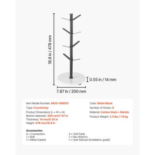 VEVOR Δέντρο Κούπας με Μαρμάρινη Βάση και 8 Γάντζους για Κουζίνα LS...