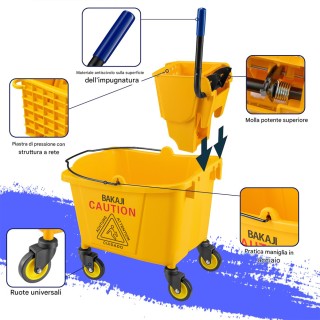 BAKAJI Επαγγελματικό Καρότσι Καθαρισμού με Κουβά 23 Λίτρων και Ρόδε...