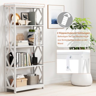 Costway Υψηλή, λευκή, ξύλινη βιβλιοθήκη με ρομβική δομή, πέντε ραφι... Costway Υψηλή, λευκή, ξύλινη βιβλιοθήκη με ρομβική δομή, πέντε ραφι...