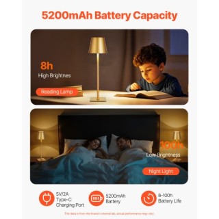 VEVOR Σετ 2 Χρυσά Ασύρματα Επιτραπέζια Φωτιστικά με Επαναφορτιζόμεν...