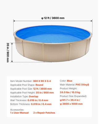 VEVOR Στρογγυλή Επένδυση Πισίνας 365.7 cm για Πάνελ 90 cm, Μπλε, Εύ...