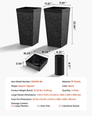 VEVOR Σετ 2 ψηλές κωνικές ζαρντινιέρες 580 χιλ., πλαστικές, με ροδά...