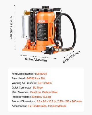 VEVOR Υδραυλικός Γρύλος Αέρα 20 Τόνων για Αυτοκίνητα και Επαγγελματ... VEVOR Υδραυλικός Γρύλος Αέρα 20 Τόνων για Αυτοκίνητα και Επαγγελματ...