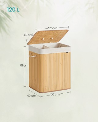 Songmics Καλάθι Απλύτων Μπαμπού με Καπάκι, 2 Θήκες, 120 Λίτρα, Πτυσ...