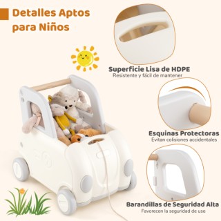 Costway Λευκή Παιδική Περπατούρα με Κιβώτιο Παιχνιδιών, Λαβή, Σχοιν...