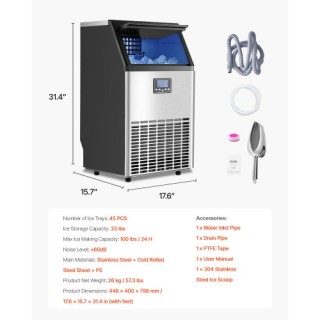 VEVOR Επαγγελματική Παγομηχανή Ελεύθερης Τοποθέτησης 100lbs/24H 45 ...