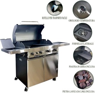 BAKAJI Μπάρμπεκιου Υγραερίου με Πέτρες Λάβας, 4 Καυστήρες + Μάτι κα...