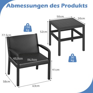 Costway Σετ Έπιπλα Μπαλκονιού Από Ρατάν 3τμχ Αδιάβροχο 50 x 50 x 52...