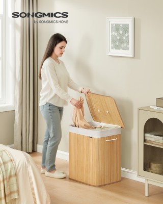 Songmics Καλάθι Απλύτων Μπαμπού με Καπάκι, 2 Θήκες, 120 Λίτρα, Πτυσ...