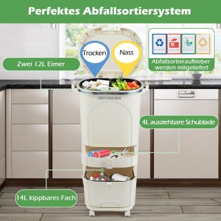 Costway Κάδος Απορριμμάτων Κουζίνας 42L με Καπάκι & 3 Θήκες, Πετάλι...