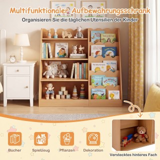 Costway Παιδική ξύλινη βιβλιοθήκη με 4 ανοιχτά ράφια και κρυφό αποθ...