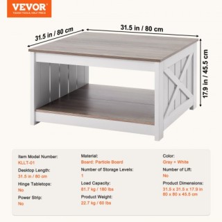 VEVOR  Τετράγωνιο Τραπέζι Καφέ 31,5 με Ανοιχτό Χώρο Αποθήκευσης ZFX...