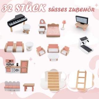 Costway  Παιδικό Ξύλινο Κουκλόσπιτο με 7 Δωμάτια και 32 Αξεσουάρ γι...