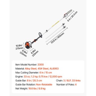 VEVOR 33cc Βενζινοκίνητο Κονταροπρίονο 2-Χρόνου με 8 Λεπίδα ECCYJCS...