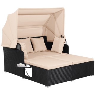 Costway Διπλή Ξαπλώστρα Κήπου Rattan με Σκίαστρο, Μαξιλάρια & Πτυσσ...