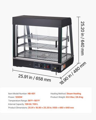 VEVOR Επαγγελματική Βιτρίνα Θερμαινόμενη 3 Επιπέδων 1200W με LED, Ρ...