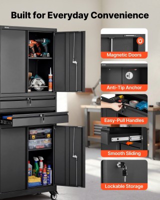 VEVOR Μεταλλική Ντουλάπα Αποθήκευσης με Ρόδες, Ρυθμιζόμενα Ράφια κα...