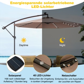 Costway Κρεμαστή ομπρέλα κήπου με 40 ηλιακά LED και μανιβέλα, ανοιχ...