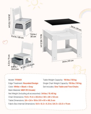 VEVOR Παιδικό Τραπέζι και 2 Καρέκλες με Αποθηκευτικό Χώρο, Λευκό Ξύ...