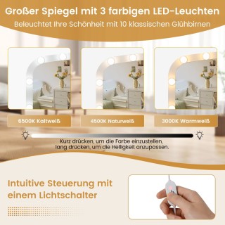 Costway Σετ Καλλωπισμού με Καθρέφτη LED 3 Χρωμάτων & Σκαμπό108 x 40...