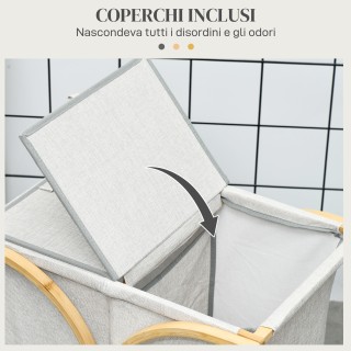 HOMCOM Καλάθι Απλύτων με 2 Καλάθια και Καπάκι από Μπαμπού και Πολυε...