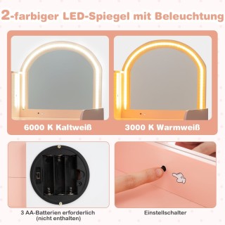 Costway Παιδικό Σετ Τραπέζι Μακιγιάζ με Κάθισμα, Καθρέφτη, LED Φωτι...