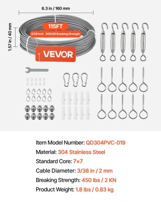 VEVOR Ανοξείδωτο Σύρμα 304 για Ράγες & Κήπους, 2mm, 35.1μ, 2kN Αντο...