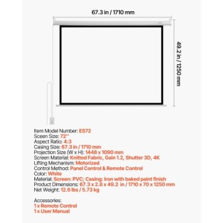 VEVOR Ηλεκτρική Οθόνη Προβολής 1829 mm 4:3 με Τηλεχειριστήριο για Ο... VEVOR Ηλεκτρική Οθόνη Προβολής 1829 mm 4:3 με Τηλεχειριστήριο για Ο...