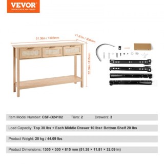 Τραπέζι Κονσόλα VEVOR Rattan 130,5 × 30 × 81,5 cm με 3 Συρτάρια και...