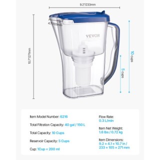 VEVOR Κανάτα Νερού 9 Κούπες με 5-στάδια Φίλτρανσης για 40 Γαλόνια S... VEVOR Κανάτα Νερού 9 Κούπες με 5-στάδια Φίλτρανσης για 40 Γαλόνια S...