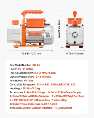 VEVOR Σετ Κενού & Μανομέτρου HVAC, 4.5 CFM, 127 L/min, Μονοβάθμια Π...