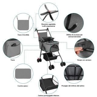 BAKAJI Καναπές-Αμαξάκι Κατοικίδιων με Αποσπώμενο Καλάθι για Σκύλους...