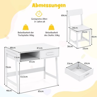Costway Παιδικό Γραφείο με Καρέκλα και Συρτάρι Λευκό ξύλινο Σετ HY1...