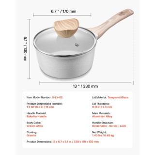 VEVOR Λευκή Κατσαρόλα 1.5QT με Αντικολλητική Επίστρωση, Γυάλινο Καπ...