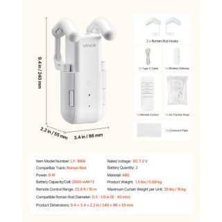 VEVOR Αυτόματο Άνοιγμα Κουρτινών Τύπου Roman με Τηλεχειριστήριο & A...