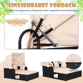 Costway Διπλή Ξαπλώστρα Κήπου Rattan με Σκίαστρο, Μαξιλάρια & Πτυσσ...