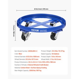 VEVOR Καρότσι Βαρελιού 55 Γαλονιών με 4 Ρόδες, Φορτίο 2000 lbs JSYT... VEVOR Καρότσι Βαρελιού 55 Γαλονιών με 4 Ρόδες, Φορτίο 2000 lbs JSYT...