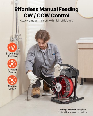 VEVOR Μηχανή Καθαρισμού Αποχέτευσης 15m x 13mm, Χειροκίνητο Τροφοδό...