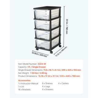 VEVOR Συρταριέρα Πλαστική με 4 Συρτάρια και Ροδάκια CWCT1SLJL4G13PB...