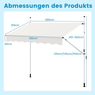 Costway  Χειροκίνητη Λευκή Βραχιονοτική Τέντα 200cm για Μπαλκόνι - ...