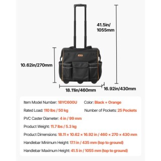 VEVOR Ρολοφόρος Εργαλειοθήκη 25 Θήκες με Τηλεσκοπική Λαβή GLGJD18YC...