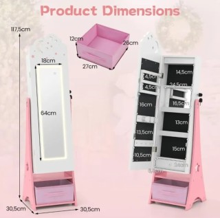 Costway Λευκός Παιδικός Όρθιος Οργανωτής Κοσμημάτων με Φωτισμό και ...