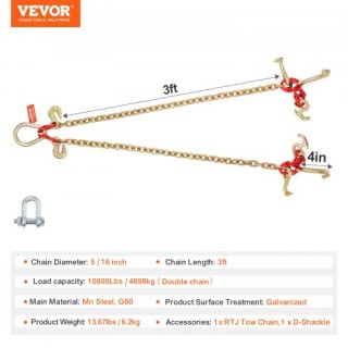 Αλυσίδα Ρυμούλκησης VEVOR 5/16 x 3 G80 με Άγκιστρα RTJ & Grab 10800...