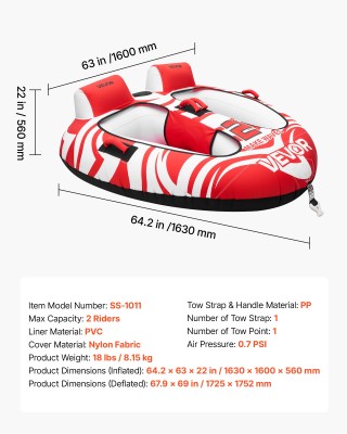 VEVOR Φουσκωτό Θαλάσσιο Tubes Έλξης για Σκάφος 2 Ατόμων έως 154 kg ...